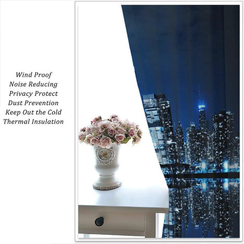 New York Night City Skyline 3D Neon Curtains Set For Bedrooms And Living Rooms, Blackout Window Drapes With Thermal Insulation, Rod Pocket Panels