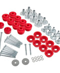 Ford F250 F350 Super Duty Body Mount Bushing Kit For 2008 To 2016 2WD 4WD Polyurethane Cab Mounts With Steel Sleeves And Hardware In Red Tough Finish, red bushings and hardware set