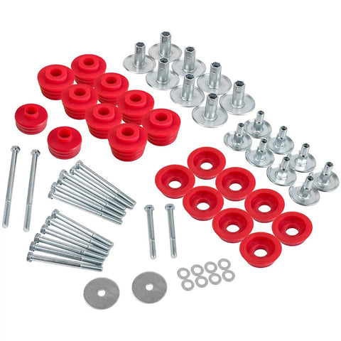 Ford F250 F350 Super Duty Body Mount Bushing Kit For 2008 To 2016 2WD 4WD Polyurethane Cab Mounts With Steel Sleeves And Hardware In Red Tough Finish, red bushings and hardware set