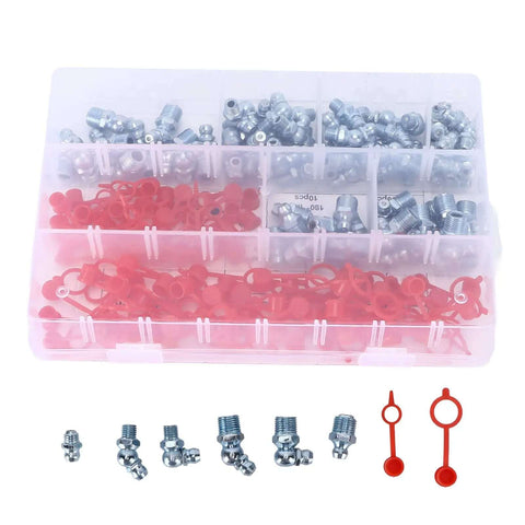 Heavy Beefy 160 Pieces Grease Fitting Kit With Zerk Nipples Incl 45 90 180 Deg Elbows Plus Straight Nuts In Storage Box Made For Cars Motorcycles Trucks And Farm Tractors For Keeping Your Rig Rocking Strong., metal grease fittings in storage box