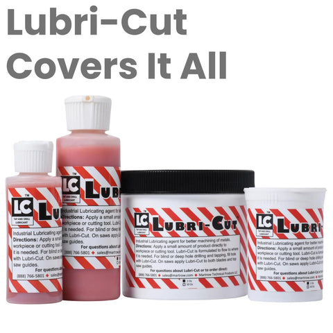 Lubri-Cut cutting paste kit, four-piece set with pink lubricant bottles and white jars labeled LC Lubri-Cut.