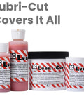 Assorted Lubri-Cut industrial lubricating products in various bottles and tubs with red and white labels.