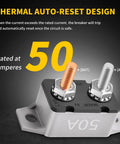 Tough As Nails 50 Amp Auto Reset Circuit Breakers for 12V 24V DC showing thermal auto-reset design and mounting terminals.