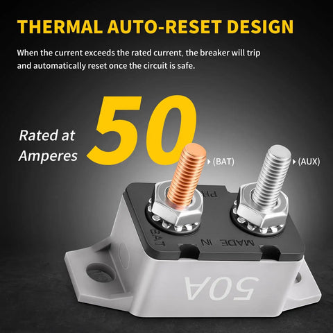 Tough As Nails 50 Amp Auto Reset Circuit Breakers for 12V 24V DC showing thermal auto-reset design and mounting terminals.