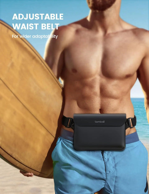 Man wearing waterproof fanny pack dry bag two pack for beach pool snorkeling and kayaking IPX8 submersible case for phones and small tablets