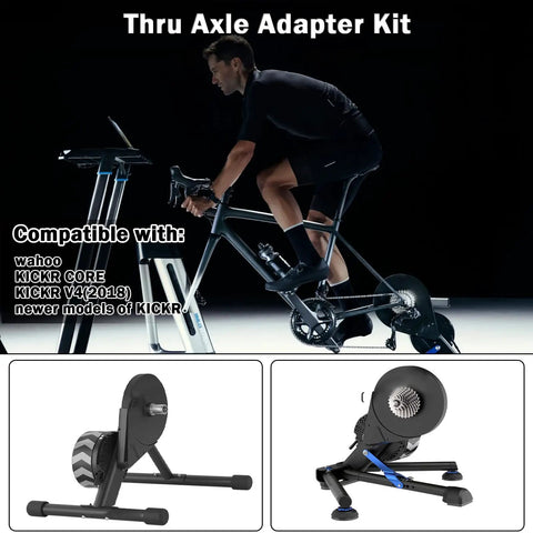 Durable Stainless Steel KICKR Thru Axle Adapter Kit for Wahoo KICKR Core V4 shown on exercise bike setup