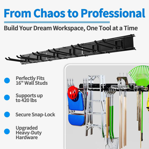 Must Have 48 Inch Heavy Duty Wall Tool Organizer Rack With Six Hooks For Shovels Rakes Garden Tools And Lawn Gear Stud Friendly 16 Inch Center Mounting