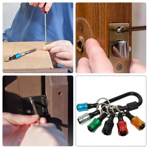 Six Piece Keychain Extension Bar Aluminum Alloy Heavy Duty Screwdriver Bits Holder Set in use on various surfaces.