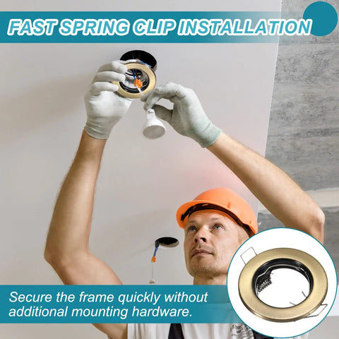 VIAPUICE GU10 Recessed Lighting Trims 2.1" Aperture with Spring Clip 2 Pcs installation, worker securing bronze downlight frame.