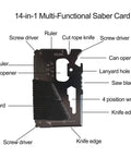 Close-up of a 14-in-1 multi-functional saber card from the Comprehensive Survival Kit With Windproof 2.6 Inch Matches In Waterproof Case.