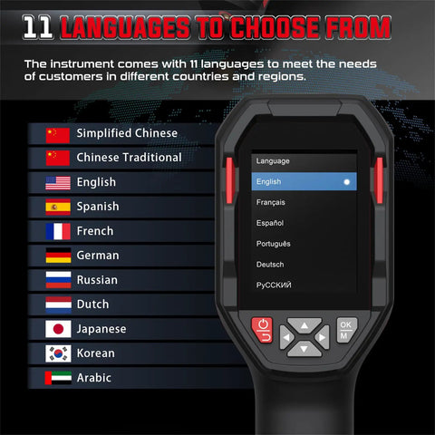 Screen display of Pro Grade 240x240 Thermal Imaging Camera Handheld Infrared Scanner showing 11 language options
