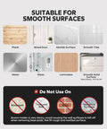 Beefy Heavy Duty Broom Holder Wall Mount Set Of 4 compatibility chart for surfaces like wood, marble, metal, unsuitable for brick.
