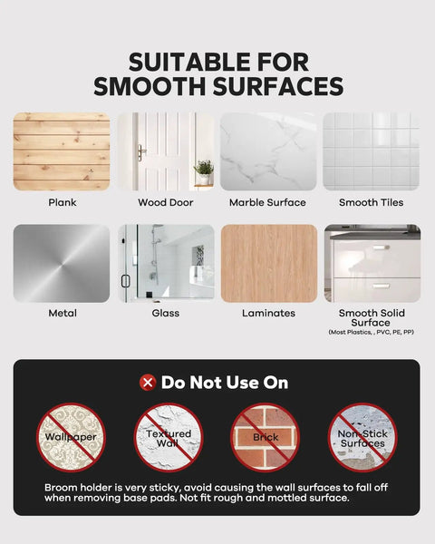 Beefy Heavy Duty Broom Holder Wall Mount Set Of 4 compatibility chart for surfaces like wood, marble, metal, unsuitable for brick.