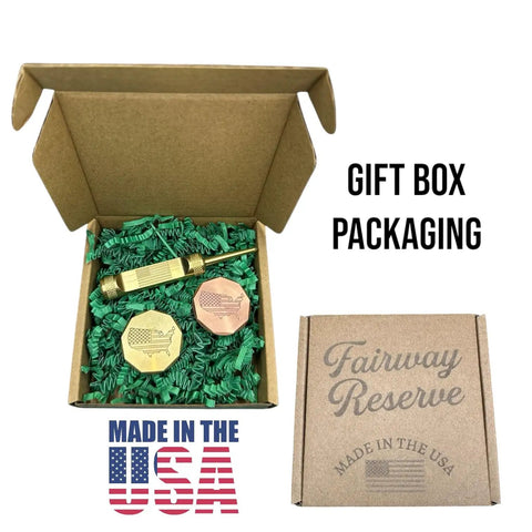 Patriotic 3 Piece Golf Gift Set With American Flag Engraved Copper Ball Marker, Brass Ball Marker And Brass Divot Tool For Men