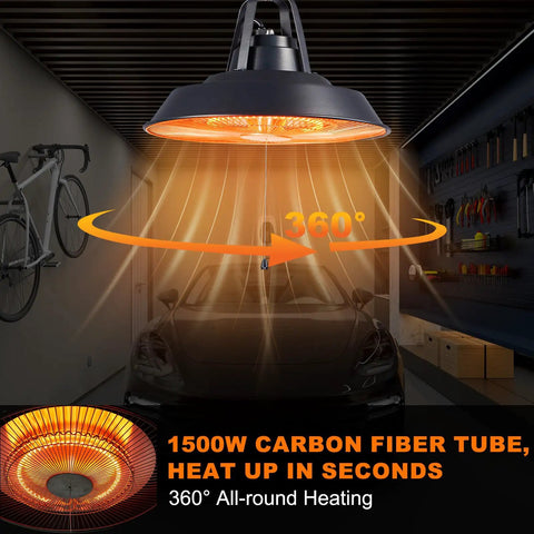 Infrared Outdoor Patio Heater For Deck And Gazebo 1500W Ceiling Mounted Or Hanging Carbon Fiber Radiant Heat That Cranks Up In Seconds IP34 Weatherproof For Garage Shop Patio And Covered Areas shown installed in garage.