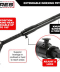Extendable Pry Bar With 13.3 To 18.5 Inch Reach 14 Position Adjustable Angled Head For Maximum Leverage 180 Degree Indexable Head Chrome Vanadium Steel Heavy Duty Locking Pry Bar displayed with highlighted features