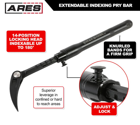 Extendable Pry Bar With 13.3 To 18.5 Inch Reach 14 Position Adjustable Angled Head For Maximum Leverage 180 Degree Indexable Head Chrome Vanadium Steel Heavy Duty Locking Pry Bar displayed with highlighted features