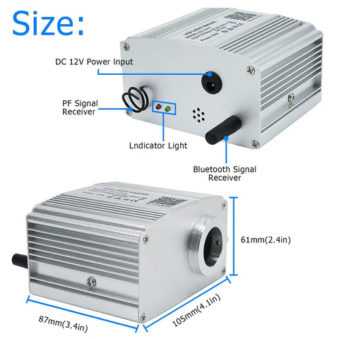 10W Twinkle Fiber Optic Star Light Engine With Dope Sound Activated RGBW LEDs App Or Remote Control For Car And Home Ceiling Star Decor Compact Hidden Light Source For Versatile Ambient Lighting, showing metal housing with input ports and dimension details.