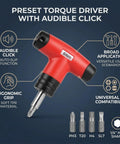 Fabater T Handle Preset Torque Wrench Tool With 6Nm Click Ratchet Driver and 4 Bits showing ergonomic grip and audible click features.