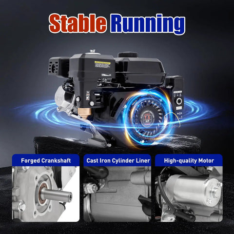 212cc 7.5HP 3600 RPM Gas Engine With Electric Start 4 Stroke OHV Air Cooled Gas Powered Unit shown with features highlighted