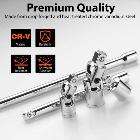 9 Piece Socket Accessory Set With 1/4 Inch, 3/8 Inch And 1/2 Inch Drive Universal Joints, Chrome Vanadium Steel