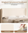 Queen Size Bed Frame With Wingback Headboard Upholstered In Beige Corduroy Fabric showing soft striped headboard and sponge backrest.