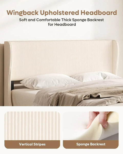 Queen Size Bed Frame With Wingback Headboard Upholstered In Beige Corduroy Fabric showing soft striped headboard and sponge backrest.