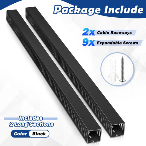 2x2 Inch Cable Raceway For Under Desk Cable Management, Open Slot Wire Duct Hider, shown with screws, black PVC material