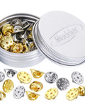50 Pieces Hella Secure Butterfly Clutch Backs, Nickel Plated Brass Pin Fasteners For Badges And Jewelry Crafting in silver and gold colors.
