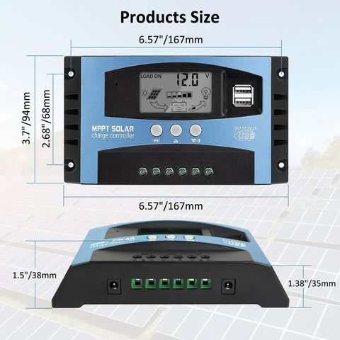 Dimensions of MPPT Solar Charge Controller 100A for 12V/24V Systems with LCD Display and Dual USB Ports.