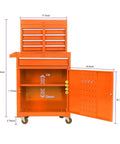 Five Drawer Portable Rolling Tool Chest On Wheels With Huge Capacity Storage For Garage Workshop And Home Projects In Bright Orange with open side door showing shelving system.