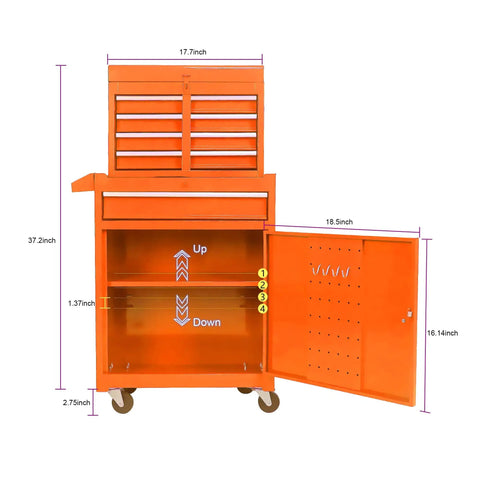Five Drawer Portable Rolling Tool Chest On Wheels With Huge Capacity Storage For Garage Workshop And Home Projects In Bright Orange with open side door showing shelving system.