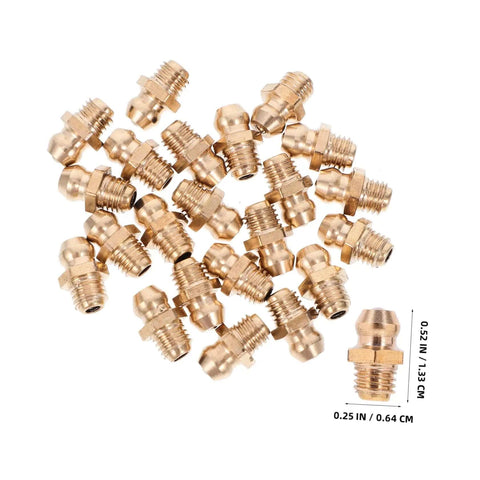 Pro Grade 25 Piece Hydraulic Grease Fittings Kit With Locking Clamp And Industrial Caps And Couplers Angled Nozzles For Bearings Motors Trucks Farm And Heavy Duty Maintenance shown in brass finish.