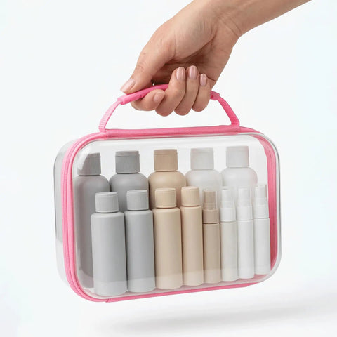 Hand holding Large Clear Hard Shell Storage Bags With Handle 3 Piece Set Waterproof Organizer Pouches For Toys And Puzzles Diapers