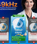 Comparison graphic showing 49kHz ultrasonic cleaning efficiency with retainers versus other brands at 45kHz and 48kHz.