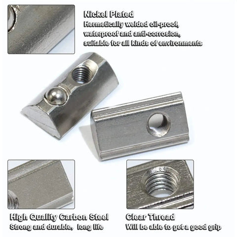 Drop In T Nut Set For Aluminum Extrusion, 20 Pcs M6 Thread Spring Nuts, Nickel Plated Carbon Steel, 6mm Slot, 20 Series, Various Views