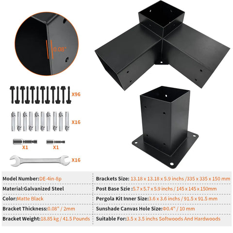 3 Way Pergola Brackets Kit For 4x4 Beams With Post Anchors, DIY Right Corner Wood Brackets For Patio Pergolas, Gazebos, And Log Cabins, Hardware Included, No Hassle Setup, 8 Pack, Heavy Duty Galvanized Steel With Matte Black Finish