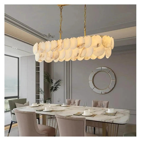 Ceiling Pendant Light, Luxury Natural Marble Design Modern Chandeliers for Living Room Bedroom Dining Kitchen Ceiling Pendant Light Lustre Fixture(Warm Light,L100CM) above dining table with modern decor.