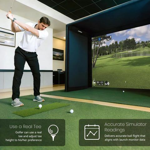 Golfer using Replaceable Golf Hitting Strips for Indoor Outdoor Practice Realistic 30 X 12 Inch Hitting Mat Insert Turf Green 67mm Thick Pro Grade Ideal For Home Simulators Driving And Putting Training