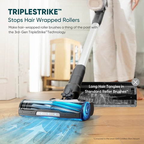 Premium Cordless Stick Vacuum With Auto Empty Base And Tangle Free Roller That Eats Up Pet Hair And Dirt Without Clogging Or Making A Mess Up To 70 Minutes Of Battery Life For Effortless Daily Home Care And Fresh Clean Floors, showcasing the tangle-free roller technology.
