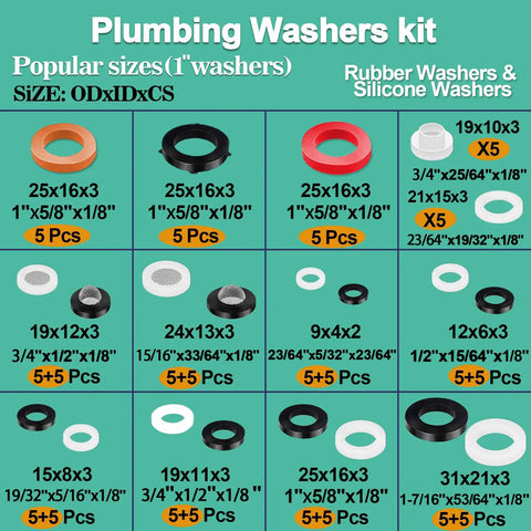 Chart of plumbing washer sizes in 258 Piece Faucet And Plumbing Rubber Washer Kit In 32 Sizes For Garden Hose Valves Spigots Adapters Outdoor Faucets Bibbs And Shower Hoses Repair For DIYers Must Have
