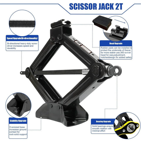 2 Ton Scissor Jack With Rubber Pad Portable Car Jack Emergency Kit For Sedan SUV MPV Including Jack Pad Ratchet Wrench Lug Wrench Tire Gauge Gloves And Storage Bag For On Road Fixes And Emergencies showing product features and design.