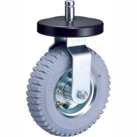 Smooth Rollin Pneumatic Wheel Caster Set Featuring Two Rigid And Two Swivel Units With Bully Proof Eight Inch Tires And Protective Donut Bumpers showing a pneumatic wheel with gray tire and metal mounting.