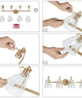 Gold Modern Bathroom Vanity Lights Over Mirror With Four Clear Glass Shades, assembly and installation steps shown