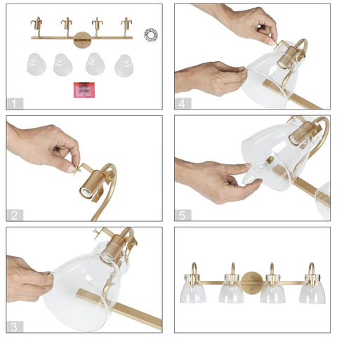 Gold Modern Bathroom Vanity Lights Over Mirror With Four Clear Glass Shades, assembly and installation steps shown