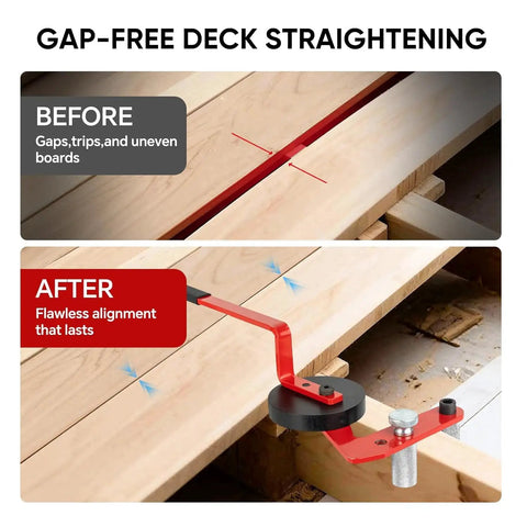 Beefed Up Heavy Duty Deck Board Straightening Tool For Composite Boards Built With Thickened Carbon Steel That Withstands Serious Pressure Perfect For Pros And DIYers Who Need A Clean True Deck Edge Every Time, deck board straightener on wood deck