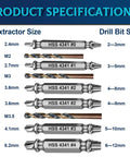 Damaged Screw Extractor Kit With Six HSS 4341 Extractors And Three Twist Drill Bits For Stripped Screws DIY Friendly Tool Set That Makes Quick Work Of Repair Jobs Great Gift For Men showing sizes and specifications.