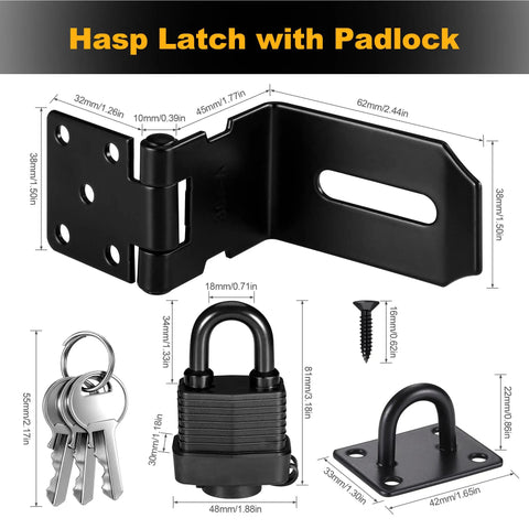 Heavy Duty 90 Degree Hasp Latch 4 Inch Stainless Steel Door Lock Rust Resistant Secure Gate Shed Barn Rock Solid Build with padlock and keys.