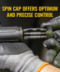 Close-up of Ratcheting Multi-Bit Screwdriver 15-In-1 showing spin cap and bit storage in use