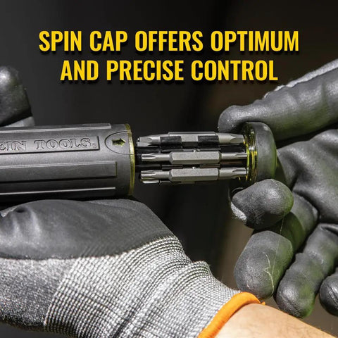 Close-up of Ratcheting Multi-Bit Screwdriver 15-In-1 showing spin cap and bit storage in use